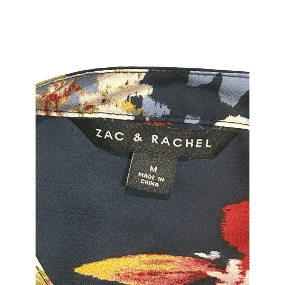 Zac & Rachel Shirt Top M Navy Blue White Green Floral Open Neck Button Dn 3/4 Sl - Picture 5 of 5